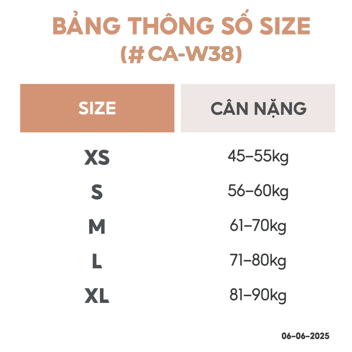 Bảng hướng dẫn chọn size