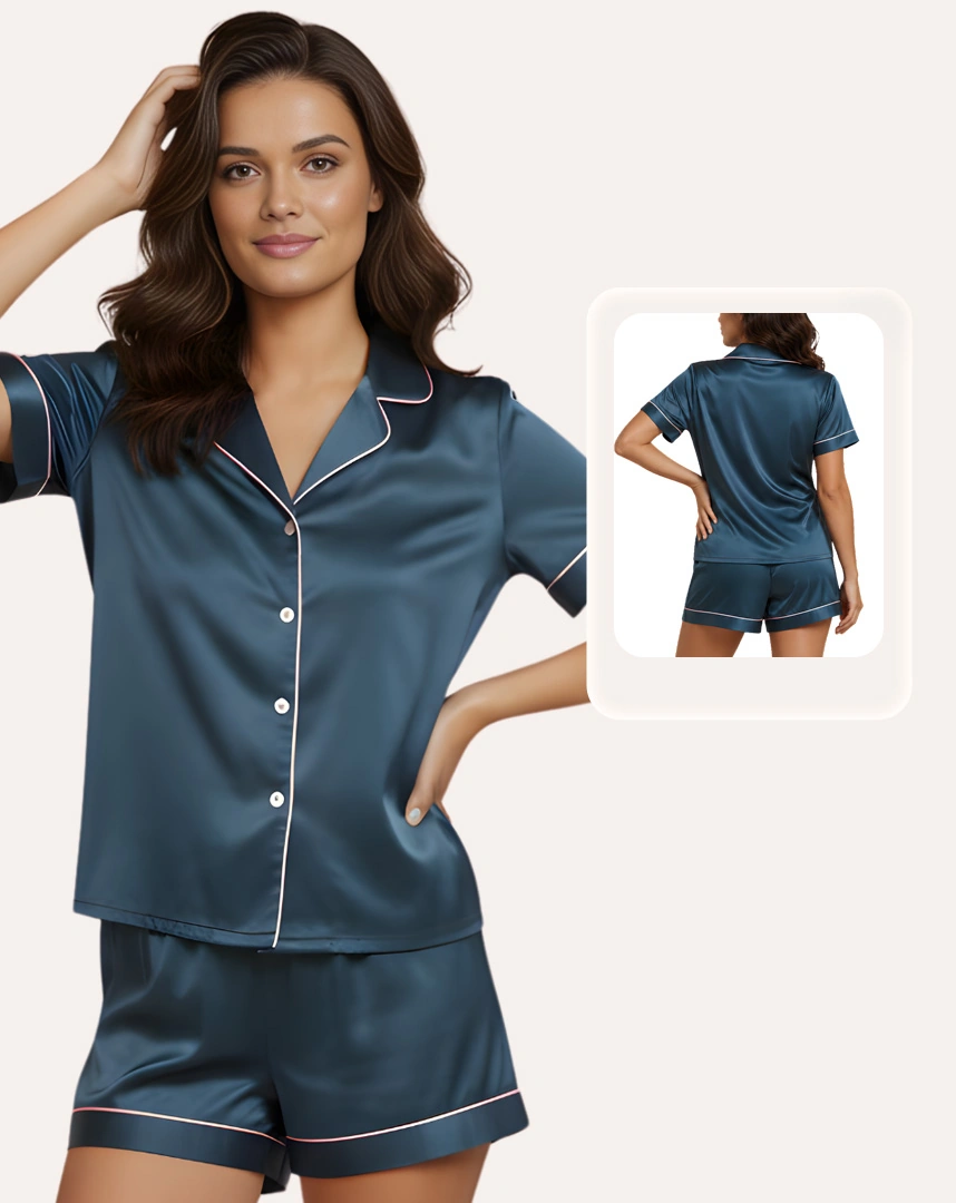 Bộ pijama tay ngắn quần ngắn lụa satin cao cấp, mặc nhà sang trọng chuẩn OEKO-TEX từ Corèle Pháp – HP180A