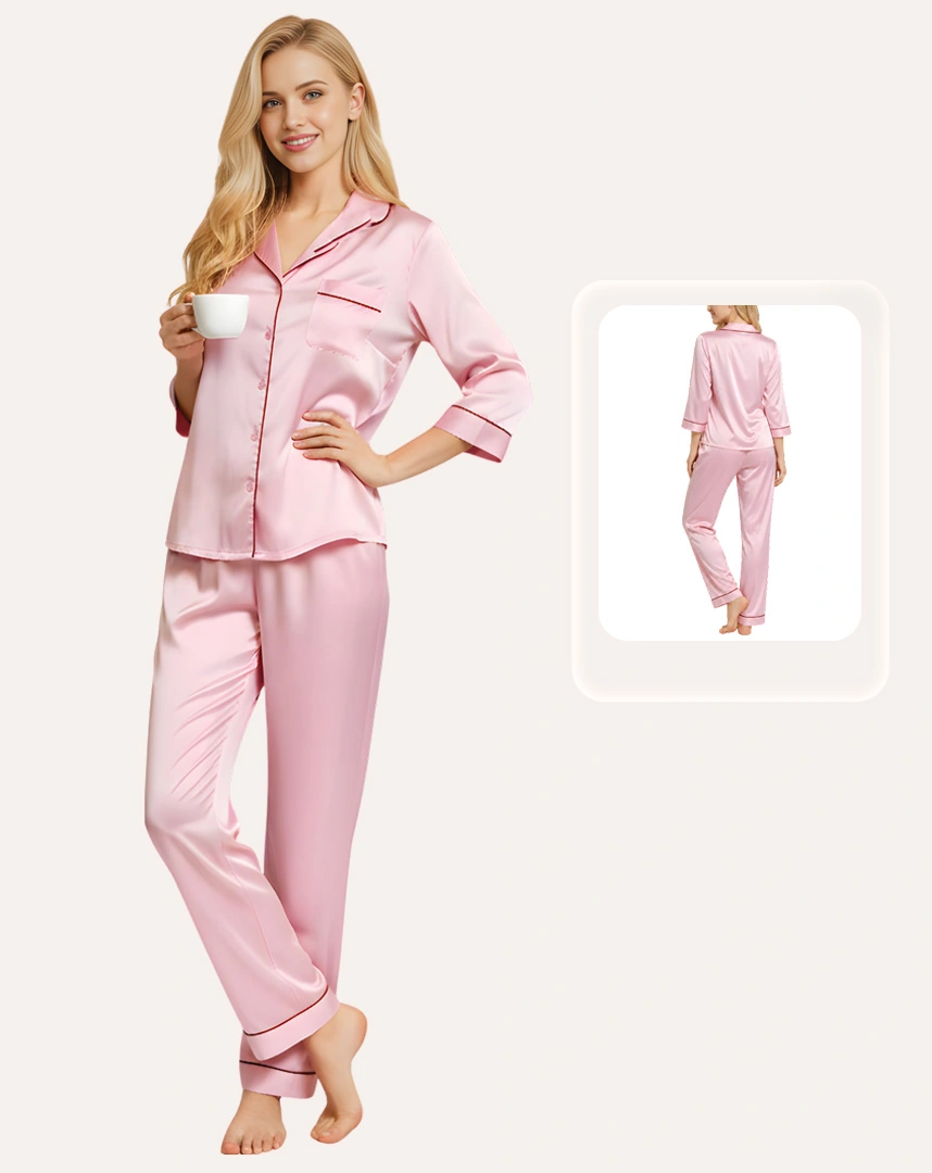 Bộ pijama tay dài quần dài lụa satin cao cấp, mặc nhà sang trọng chuẩn OEKO-TEX từ Corèle Pháp - HP180B