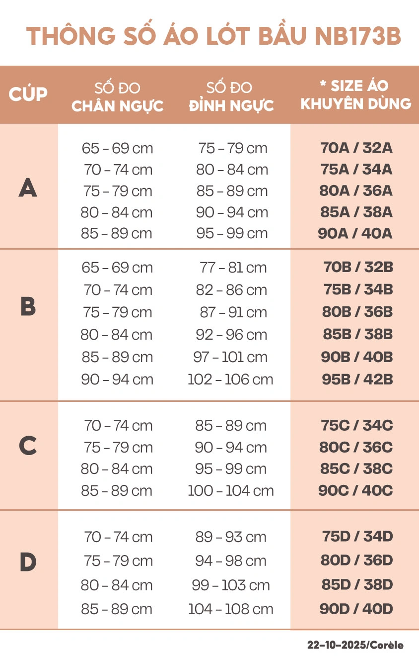 Bảng hướng dẫn chọn size áo lót bầu NB173B