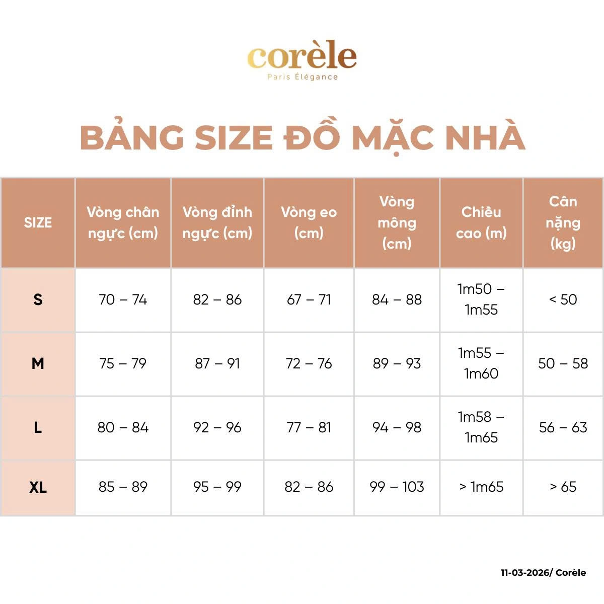 Bảng hướng dẫn chọn size đồ mặc nhà