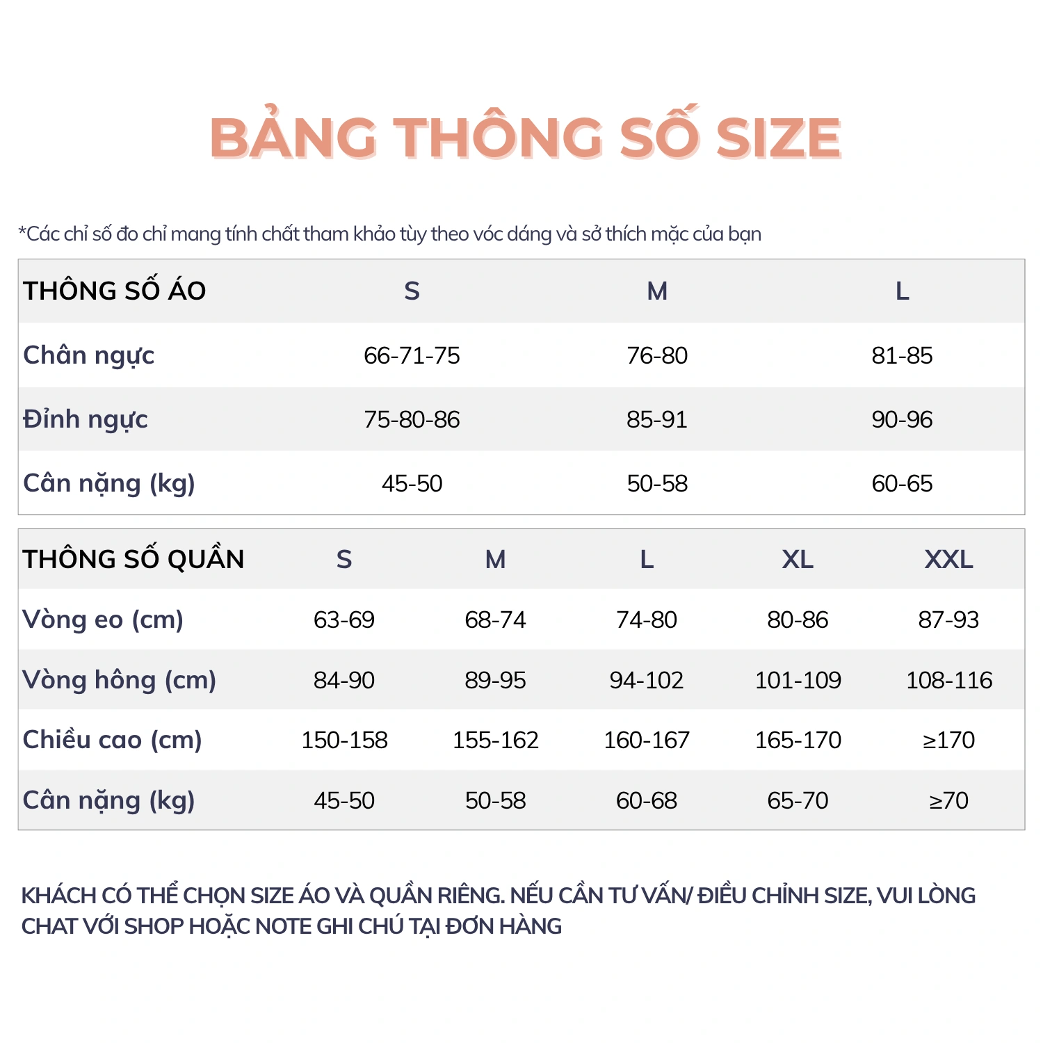 Bảng hướng dẫn chọn size