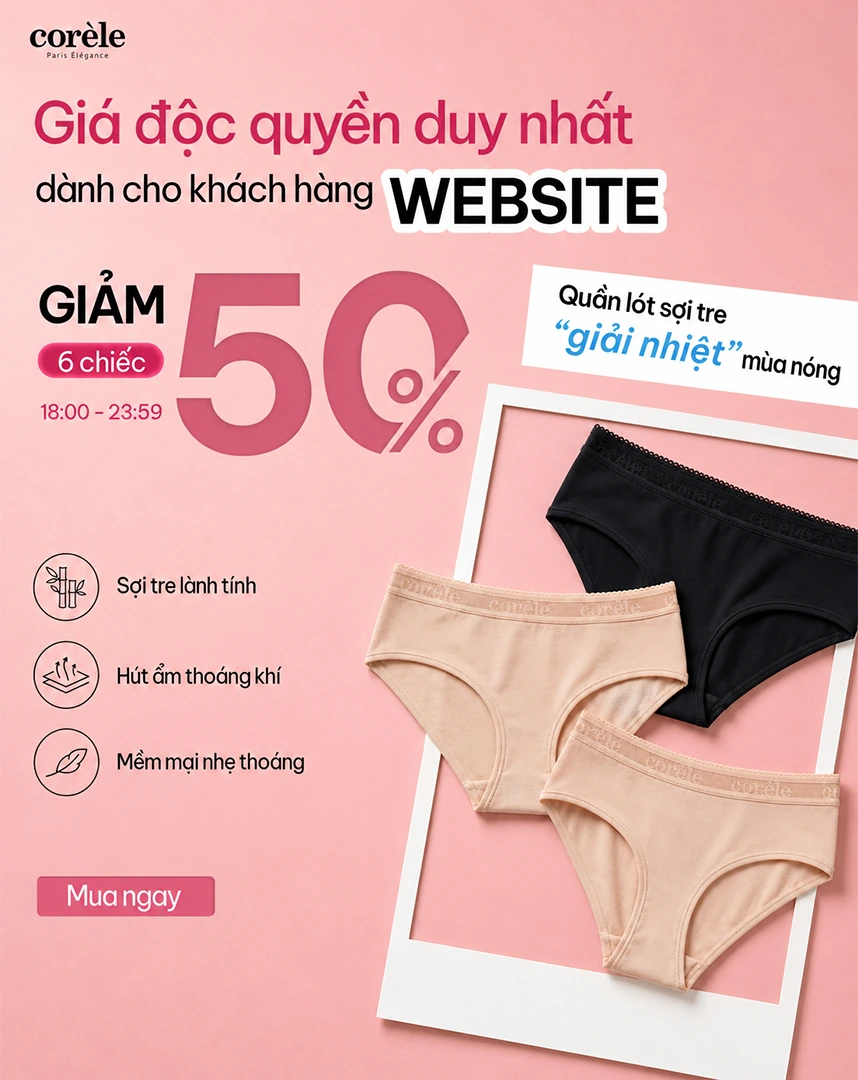 (COMBO 06) Quần lót nữ siêu tiết kiệm Corèle vải sợi tre, cạp vừa, chuẩn an toàn quốc tế OEKO-TEX từ Corèle Pháp – 02138A