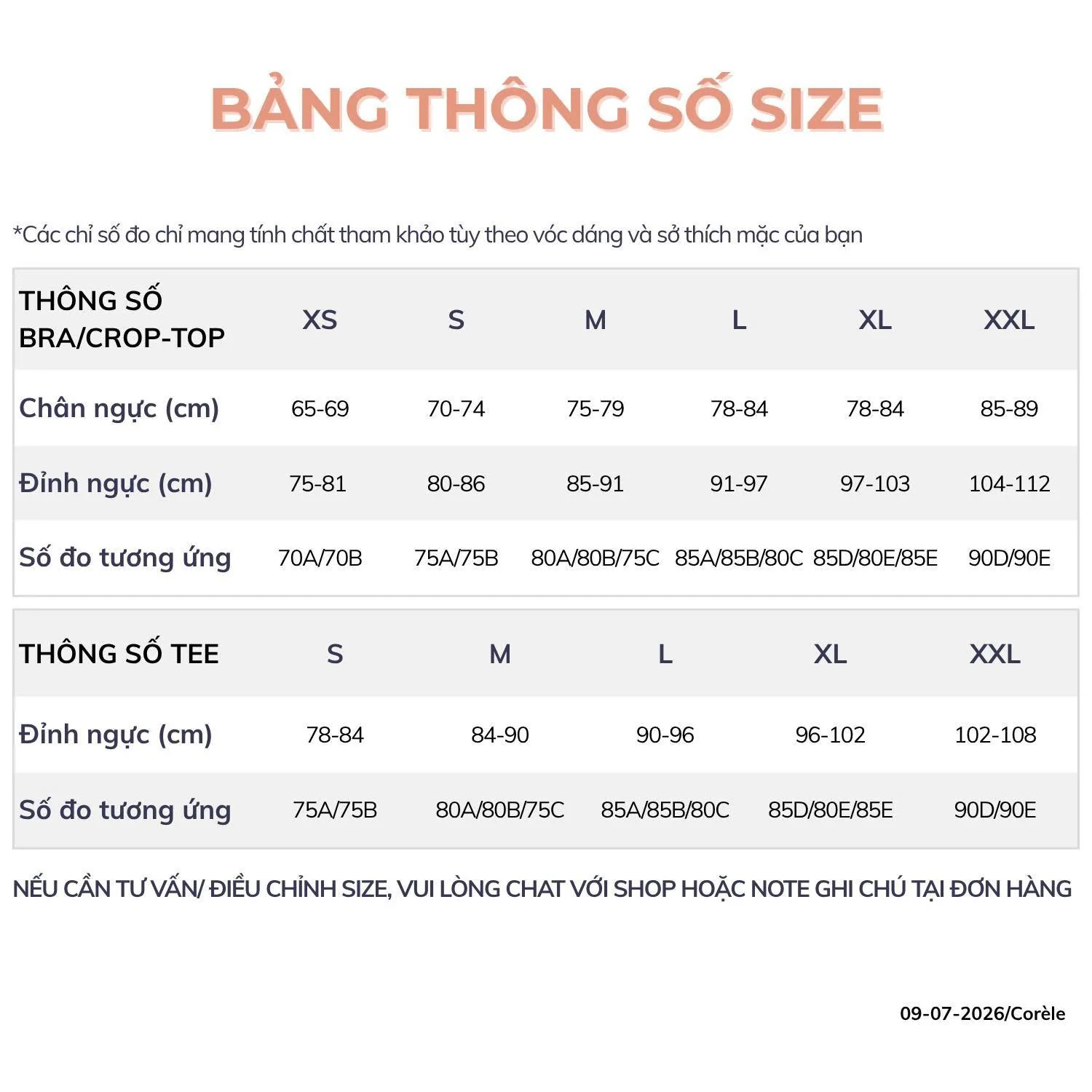 Bảng hướng dẫn chọn size